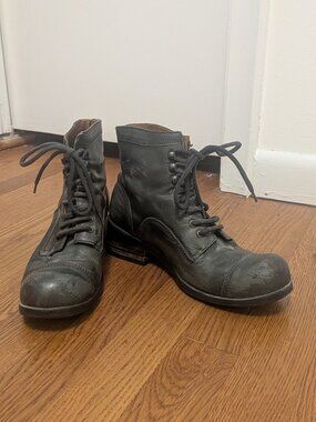 Fluevog Grey/Olive Lace-Up Combat Boots | Made in Poland | Vintage